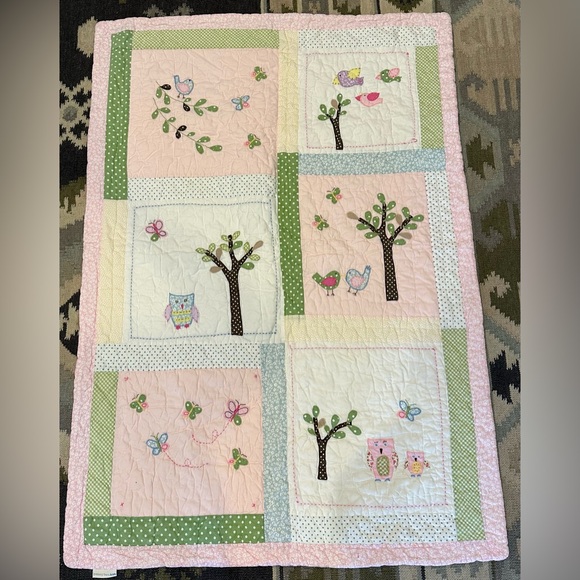 Pottery Barn Kids Hayley Baby Crib Quilt with Owls Birds Butterflies 51” x 36” - Picture 1 of 10